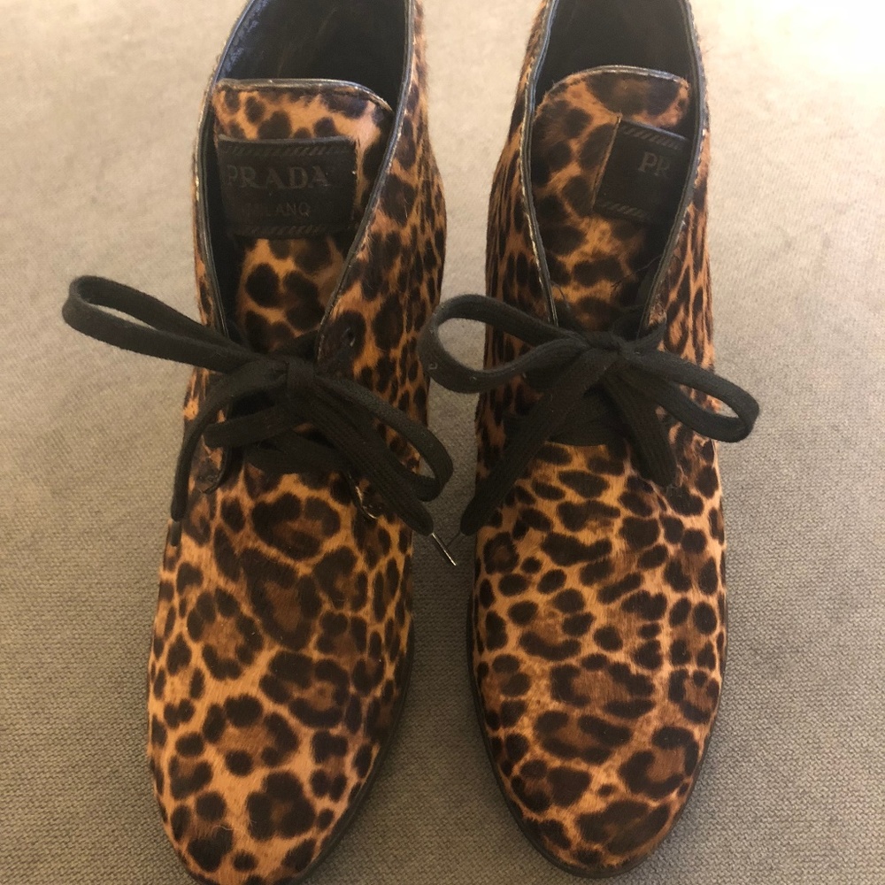 Prada Lace Up Wedge in Leopard
